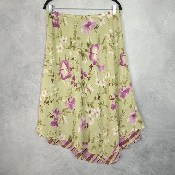 Emma James Dresses & Skirts - Vntg Y2K Skirt Womens 12 Green Floral Chiffon Midi Asym Hem Flutter Whimsy Fairy